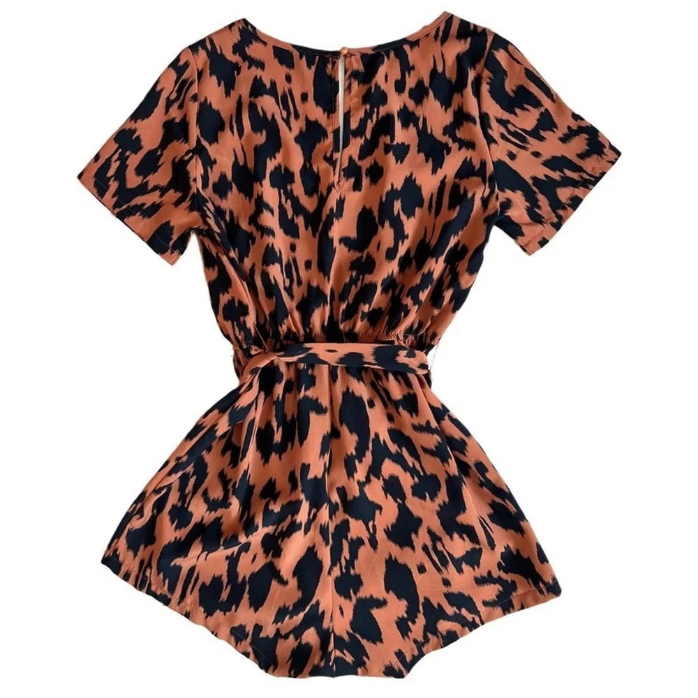 NWOT Shein VCAY Allover Leopard Print V-Neck Belted Romper - Size XS - Picture 4 of 8